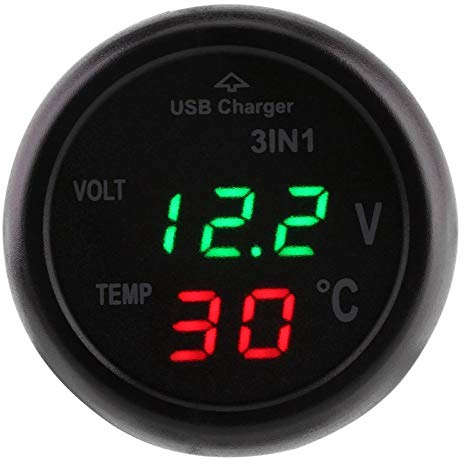 YosooAuto 3in1 LKW Voltmeter Thermometer Mit Dual LED Digitalanzeige, USB Autoladegerät für Zigarettenanzünder (Grün+Rot)