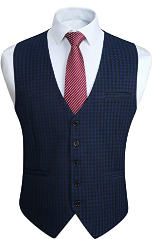 HISDERN Chalecos a Cuadros Hombre de Vestir Azul Marino Chaleco Traje Hombre de Algodón Formal Elegantes Clásico de Fiesta Boda Con Bolsillos XL