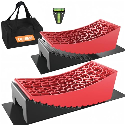 OULEME RV Leveling Blocks, Camper Leveler 2 Packs, New Version Include 2 Curved Leveler Ramp, 2 Chock, 2 Rubber Mat, 1 T Bubble Level, 1 Carry Bag for Travel Trailer Motorhome