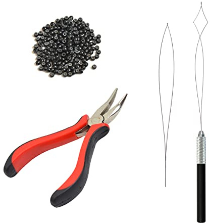 Hair Extensions Pliers Kit with I-tip Hair Pliers Pulling Needle Loop Threader and 200 Pcs 3.0mm Silicone Lined Nano Rings Micro Links Beads (Black)