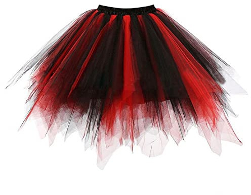 JZK Rossa Nera Gonna Tutu Corta in Tulle per Donna Ragazze Vintage Vestito Anni '80 a Bolle gonfie, Gonna Balletto per Danza Carnevale Costume da Festa Halloween Accessorio Dia De Los