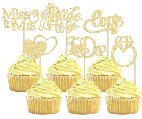 Gyufise 24 Stück Cupcake-Topper, Gold, Glitzer, I Do Love Herz-Ring, Miss to Mrs, Cupcake-Picker, Brautparty, Kuchendekorationen für Hochzeit, Verlobung, Junggesellinnenabschied