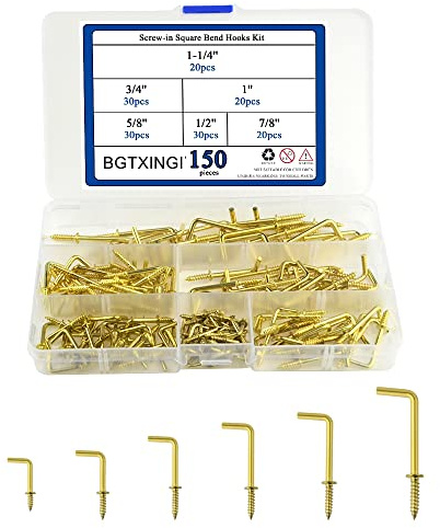 BGTXINGI 150PCS 6-Arten Messing überzogene Schraube-in quadratische Biege Haken Kit L Typ Selbst Tapping Schrauben Haken Praktische Hängehaken für Home Office (1/2, 5/8, 3/4, 7/8, 1'', 1-1/4)
