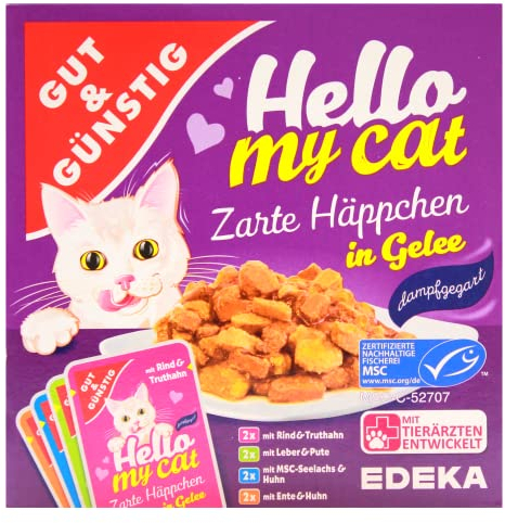 Gut & Günstig Hello My cat Zarte Häppchen in Gelee in 4 Geschmacksrichtungen, 8er Pack (8 x 800g) (lila)