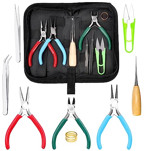 Swpeet 9Pcs 4.5Inch Jewelry Making Assortments Kit, 3 Types Jewelry Pliers Needle Nose Pliers Round Nose Pliers Wire Cutters, with Awl, Tweezers, Thimble Ring, Scissors, Jewelry Making Supplies