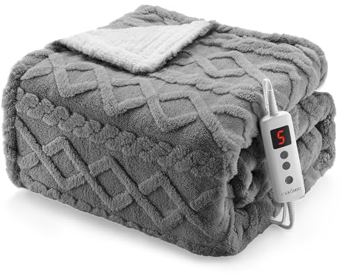 CAROMIO Heated Throw Blanket - Thick Tufted Sherpa Electric Blanket Throw with 10 Heating Levels and 10 Time Settings, ETL Certified Machine Washable Fast Heating Blanket Throw 50×60, Grey