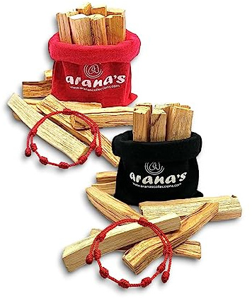 arana's - Palo Santo de Perú Original - 2 Sacos Rojo y Negro de 40gr Cada uno + 2 Pulseras de 7 Nudos contra el Mal de Ojo - Madera Sagrada 100% Natural - Palo Santo para Quemar (2 Sacos)