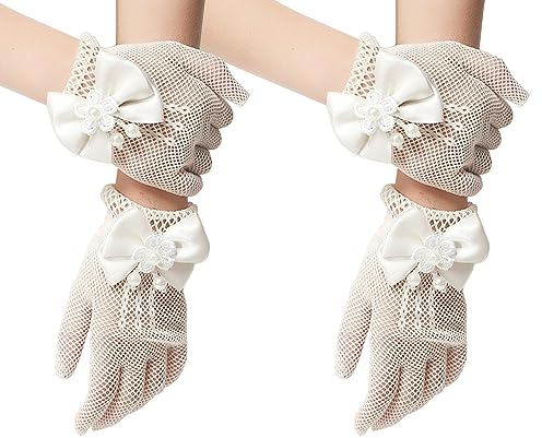 Asaisimg 2 Paar Mädchen weiße Handschuhe für Erstkommunion, Prinzessin, Tee-Party, Hochzeitsparty, kurze Kinder Größe Blume Mädchen Pageant Spitze Handschuhe