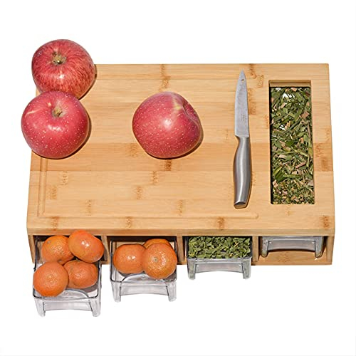 OQHAIR Planche à découper Planche à découper en Bambou avec Plateaux et tiroirs, Planche à Espoir avec Ouverture coulissante pour Aliments, Planche à Pain pour Couper Les légumes et Les f