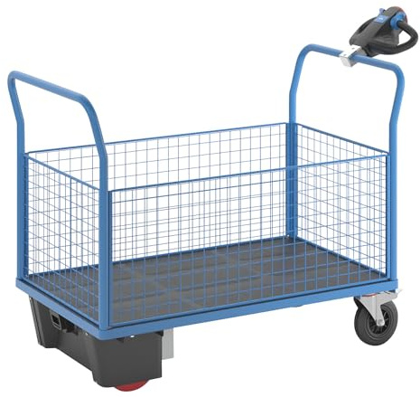 eurokraft | Plattformwagen mit Elektroantrieb | 4 hohe Gitter-Wände | LxBxH 1620 x 800 x 1300 mm