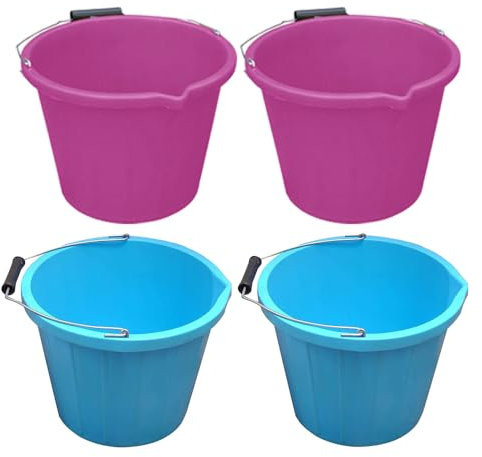 Set Of 𝟐𝐱 𝐏𝐢𝐧𝐤 & 𝟐𝐱 𝐁𝐥𝐮𝐞 Heavy Duty 3 Gallon 14Litre Plastic Builders Bucket with Strong Metal Handle Water Storage Mixing Animal Feeding Bucket For Home & Garden - (Pink, Blue)
