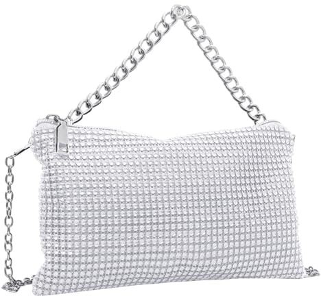 1 pochette de soirée en cristal argenté pour femme, sac à main en argent, sac à main en strass avec chaîne amovible, adapté pour les fêtes, les mariages et autres occasions, argent