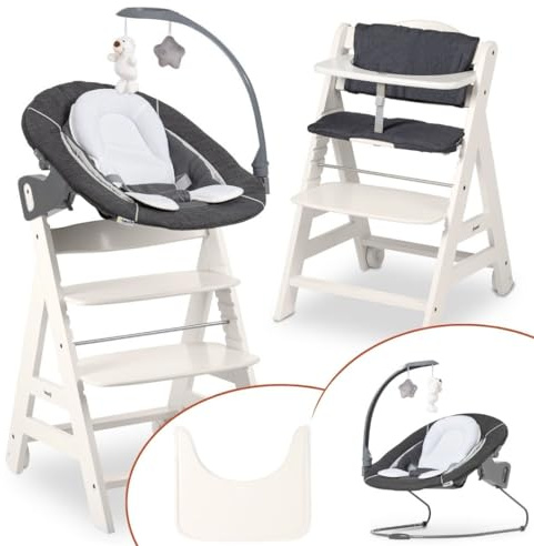 hauck Seggiolone Beta Plus Deluxe - Seggiolone Evolutivo in Legno con Sdraietta e Dondolo per Neonati, Sediolone Pappa, Sicurezza Massima con Cintura a 5 Punti, Regolabile per Tavoli Standard -
