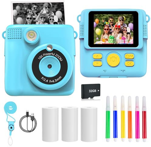 Kids Camera for Girls Boys, Kids Instant Print Camera Toy, 1080P HD Kids Digital Camera with Photo Paper, 6 Colour Pens 32GB SD Card, Birthday Gifts for 3 4 5 6 7 8 9 10 11 12+ Year Old Girl, Blue