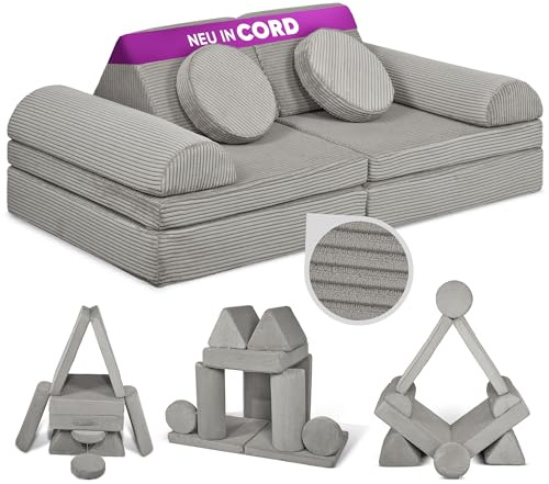 Linodino® Spielsofa Cord, Kindersofa-Bausteine, Kindercouch, Stapelsteine | Oeko Tex & spiel gut, formstabil & langlebig, waschbare Bezüge, wasserfeste Unterbezüge, verstärkte Nähte & Tragegriffe