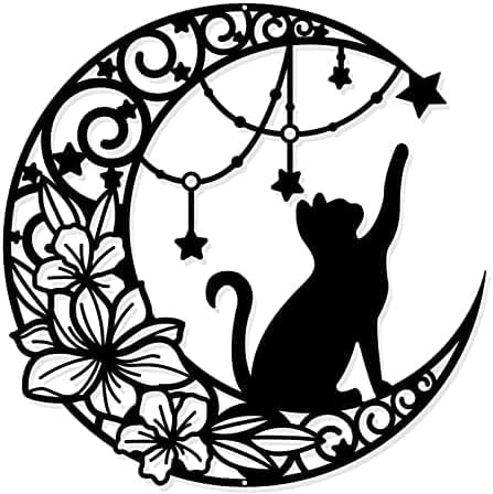 Syfunlv 30cm Metall Wandkunst Wanddekoration Silhouette Kunst (Katze pflückt Sterne auf dem Mond),Schwarzer Wandbehang Moderne Wanddekoration Silhouette Wandkunst für Innen Außen Garten Haus Deko