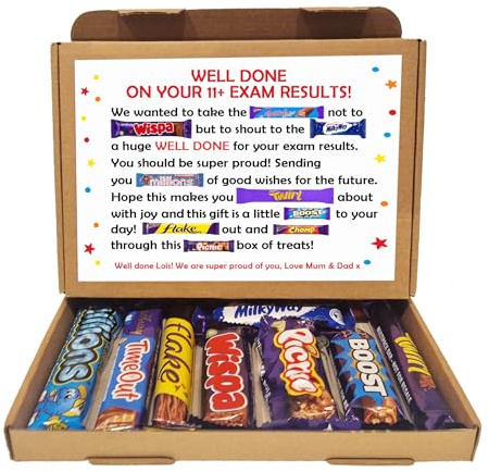 Personalised Well done in Exam Treat Box/SATS/GCSES/A Levels Well done Treat Letterbox Gift Hug in a Chocolate Poem Unique - 11+ - We/Us