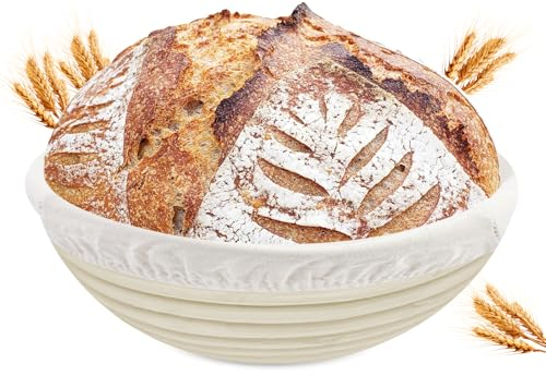 Ghazpmuk Cestino da Lievitazione, Cestino Rotondo da Lievitazione, Cesto in Rattan Naturale con Tela di Lino, Cestino per La Fermentazione, Accessori per La Cottura Del Pane, per Cottura in Casa