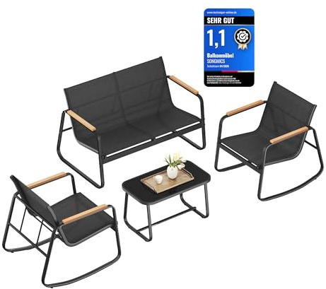 SONGMICS trädgårdsmöbelset, balkongmöbler, 2 gungstolar med bord, trädgårdsbänk, stål, utemöbler, med armstöd, andningsbart syntetiskt tyg, terrass, balkong, trädgård, bläcksvart GGF0028B01