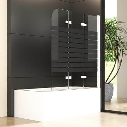 Duschwand für Badewanne 140x140cm 3-teilig Weiß Faltbar Duschabtrennung, Glas Duschwand Badewannenaufsatz mit Schwarz Gestreift, Duschtrennwand Badewannenwand mit 6mm ESG Sicherheitsglas