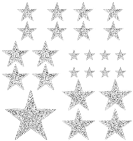 Sctmda Stern Aufbügeln Patches 25 Stück Silber Sterne Aufbügeln Glitzer Strass Flicken Aufbugeln Strass Star Applikation Silber Sterne Aufbugelbilder Aufkleber für Kleidung Jeans Hüte (5 Größen)