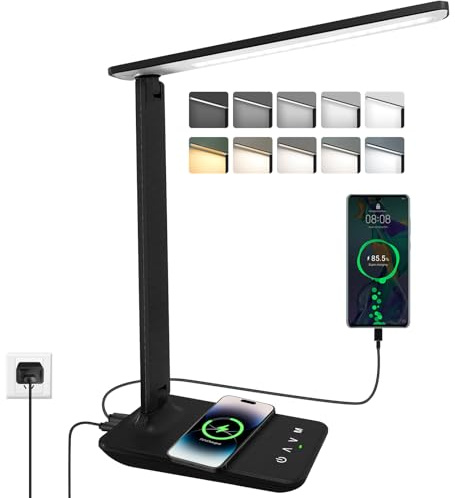 joyshie Lampe de Bureau LED avec Chargeur sans Fil Qi 15W, Pliable Lampe de Chevet Dimmable avec 5 Modes de Couleur et 5 Niveaux de Luminosité, Port de Charge USB, Pour Lecture Travail (Noir-Pro)