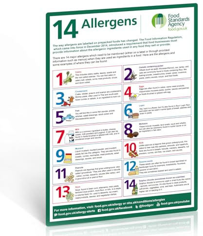 14 Food Allergens Poster 1 Pack, A4 297 x 210mm Self-Adhesive Vinyl Sign
