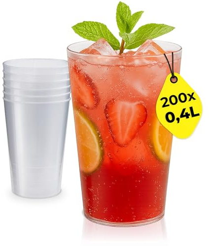 Silverkitchen 200x Mehrweg Plastikbecher 0,4 L – Stapelbare Partybecher - Spülmaschinenfeste Hartplastik Becher für Events, Partys & Gastronomie