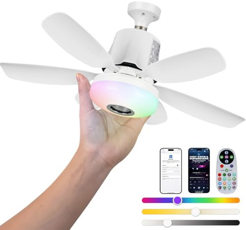 47 cm RGB Ventilatore da soffitto con luce, 32W E27 base Ventilatore da soffitto dimmerabile con 3 velocità, 6 pale e telecomando Supporta colori RGB, lettore musicale (Bianco)