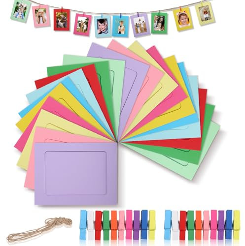 oruola 20 Stück Bunt Foto Girlande,Fotogirlande,Photo Garland,Bilderrahmen Papier,Clip,Hanfseil,Fotoleine mit Klammern,Papier Fotorahmen,Fotos Aufhängen für Zuhause,Schule,Büro,Wand