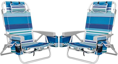 2Pk Aluminum Extra Wide 5-Position Lay Flat Folding Backpack Beach Chairs for Adults, with Cooler Bag, Cup&Phone Holder, Towel Bar for Outdoor Lawn Picnic Sport, Portable Camping Chairs, Blue Stripes