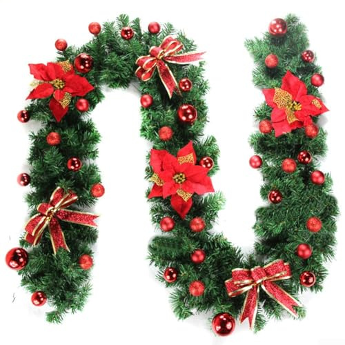 Charming Weihnachtsgirlande mit roten und goldenen Blumenelementen, 7 m, Rot