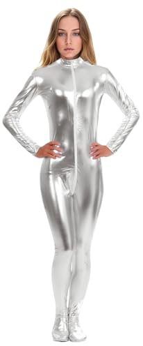 ATHX Women's Shiny Metallic Wet Look Bodysuit Costume Halloween Cosplay Front Zipper Skin Zentai Suit (Silver, Large)
