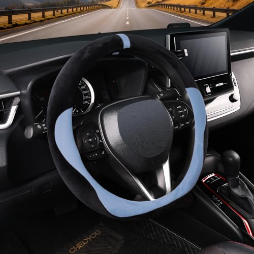 COFIT Plüsch Lenkradbezug Winter, Universal Lenkrad Bezug Fell, Lenkradhülle Wwarm Weich, Lenkradschutz Auto für 37-38 cm, Autozubehör Schwarz und Blau