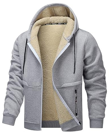 XCXC Herren Fleecejacke mit Kapuze und Reißverschluss Männer Einfarbige Gefütterte Winterjacke Kapuzenjacke mit Kordelzug Taschen Sweatjacke Freizeitjacke für Alltag