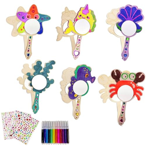 XDGBGFN 12-teiliges Set Spiegel Basteln Holz Basteln Geburtstagsparty Meereslebewesen mit Klein Holzspiegel, Buntstifte, Sternaufkleber für DIY Färbung Geburtstagsgeschenkeset