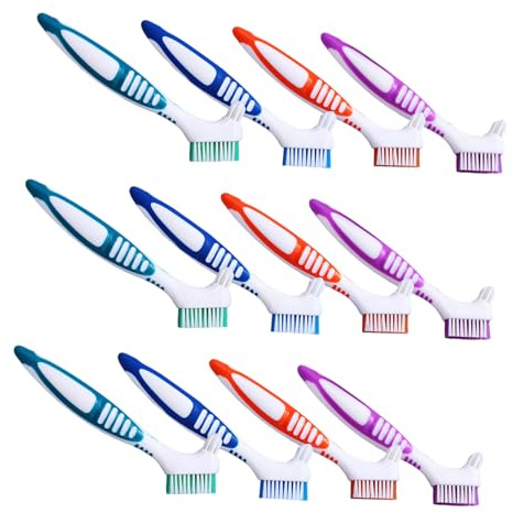 HAMPPLIES 12 Pièces Brosse à Dents pour Prothèses Double Face Brosse Dure Ergonomique pour Soins Dentaires Nettoyage des Dentiers Appareils Orthodontiques et Gouttières de Voyage Compacte