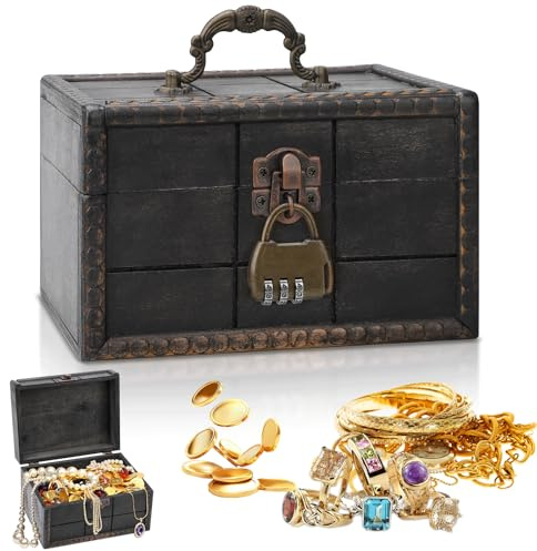 JAVODAT Vintage Holz Schatztruhe, Aufbewahrungsbox mit Zahlenschloss, Dekoration und Geschenk für Kindergeburtstage, 16 x 12 x 10 cm, Grau