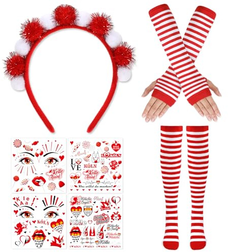 HOWAF Karneval Kostüm Köln Haarreif Rot Weiß, Handschuhe, Strümpfe, Gesichtstattoo Karneval Köln Accessoires Tattoos für Kölner Kölle Faschingskostüme, Fasching Kostüm, Set B