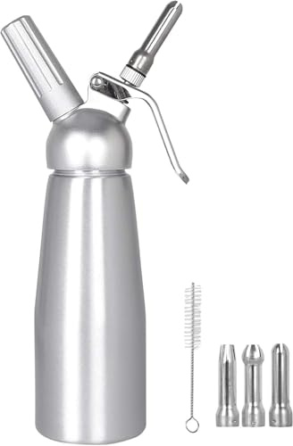 Professional Aluminium Whipped Cream Dispenser 250ml, Easy Clean Leak Free, 3 Stainless Steel Nozzles, Cream Whippers, Whipping Foam Syphon, Chef Espuma Gun, Whip Cream Desserts, Baking Gift