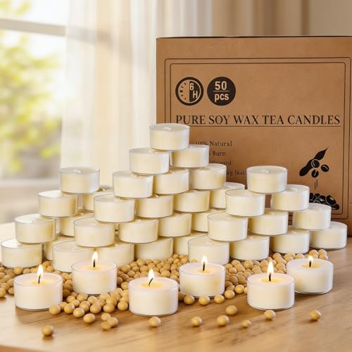 50 Pack Soy Wax Tealights, 6H Unscented Tealight Candles in Clear Cup Long Burning Time Paraffin-Free for Weddings, Events, Home Decor,Emergency Use
