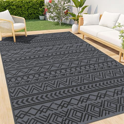 smiry Utomhusmatta, väderbeständig, 120 x 180 cm, modern, UV-resistent geometrisk för terrass, balkong, trädgård, vardagsrum, svart och grå