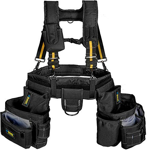 Pro Ultra Tool Belt Combo with Suspenders & Heavy Duty Tool Vest, 20-Pocket 1200D Ballistic Nylon Tool Apron Pouch, Anti-Wear Tool Belts for Framers Carpenters Electricians Roofing Workers for Men