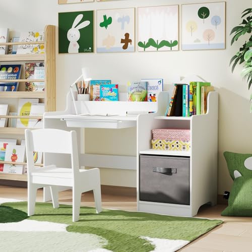 GOPLUS Bureau Enfant Fille Garçon en Forme de Maison, Table Enfant avec Chaise Ergonomique, Bureau d'Étude avec Rangement, Étagère et Tiroirs, pour Chambre et Maternelle (Blanc)