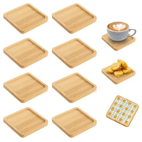 8 Stück Mini Bambus Tablett Quadratisch Untersetzer Holz Holztablett Klein Tablett Holzuntersetzer für Trinkbechern Kerzen Grünpflanzen Kaffee Kuchen und Kunsthandwerk