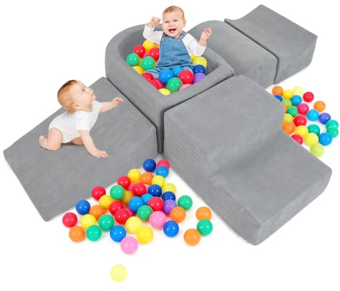COSTWAY Blocchi da Arrampicata in Schiuma per Bambini, con Piscina di Palline, Set di 5 Pezzi per Arrampicata e Strisciamento, Set da Gioco da Interno per Bambini 3 Anni+ (Grigio,Velluto a coste)