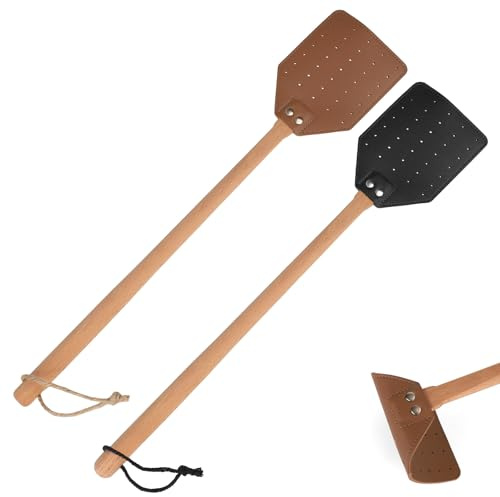 2stk Fliegenklatschen Aus Leder, Robuste (Schwarz, Braun) | Manuelle Fliegenklatschen mit Langem Holzgriff und Aufhängeseil für Küche Haushalt Innen- und Außenbereich