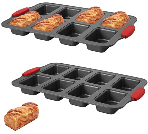 Hejo 2 Stück Mini Brötchen Backform, Mini-Kastenform mit Silikongriff | 8 Mulden Aus Karbonstahl, BPA-frei Antihaft Brötchenbackform für Brownie, Bananenbrot, Käsekuchen(Schwarz)