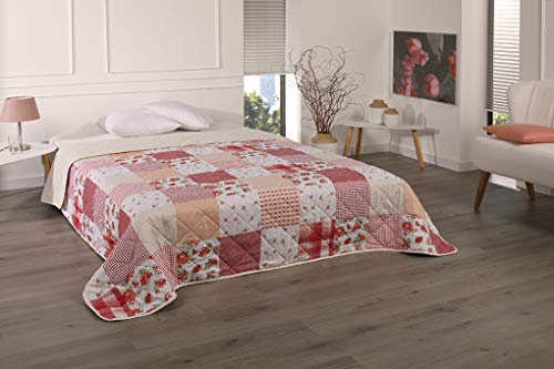 XXL Tagesdecke 220x240 cm Rose Patchwork Landhausstil – Bettüberwurf & Sofaüberwurf gesteppt, Quilt Tagesdecke für Doppelbett, weiche Überwurfdecke in Rot Orange Creme Beige, MEMORIES Patchwork