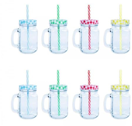 YöL 8 Mason Drinking Jars Glass Summer Party Cocktail Smoothie BBQ Lid Straw Check